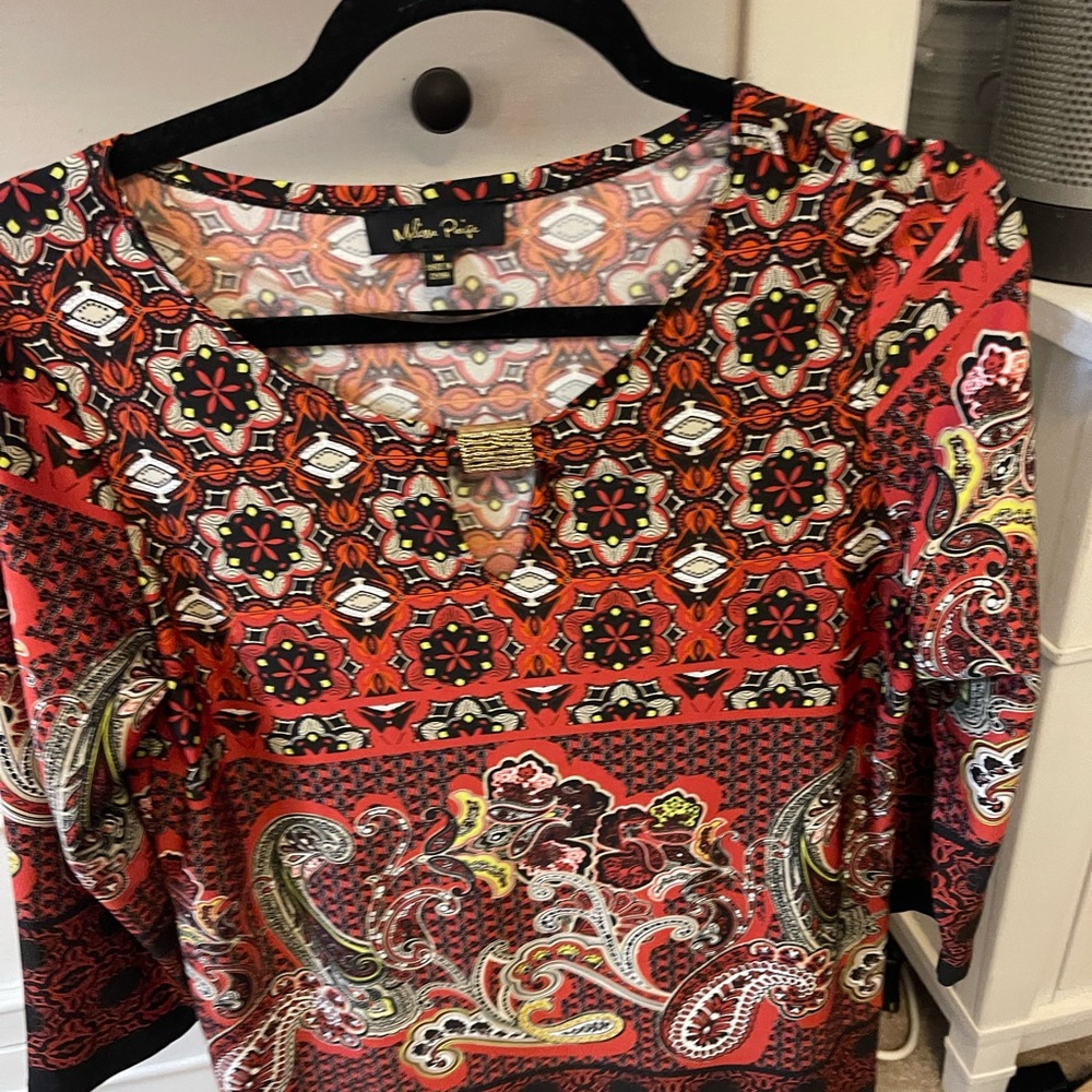 Melissa Paige Red and Black Patterned Long Women’s Blouse Med